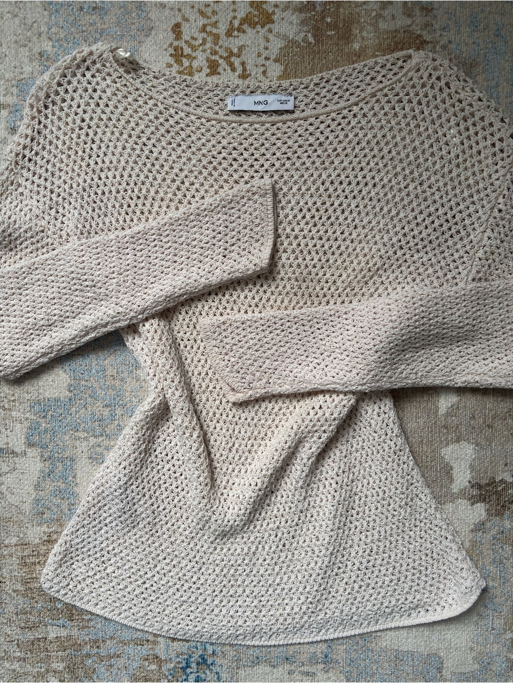 Mango Open-Knit Scoop Neck Sweater in Cream